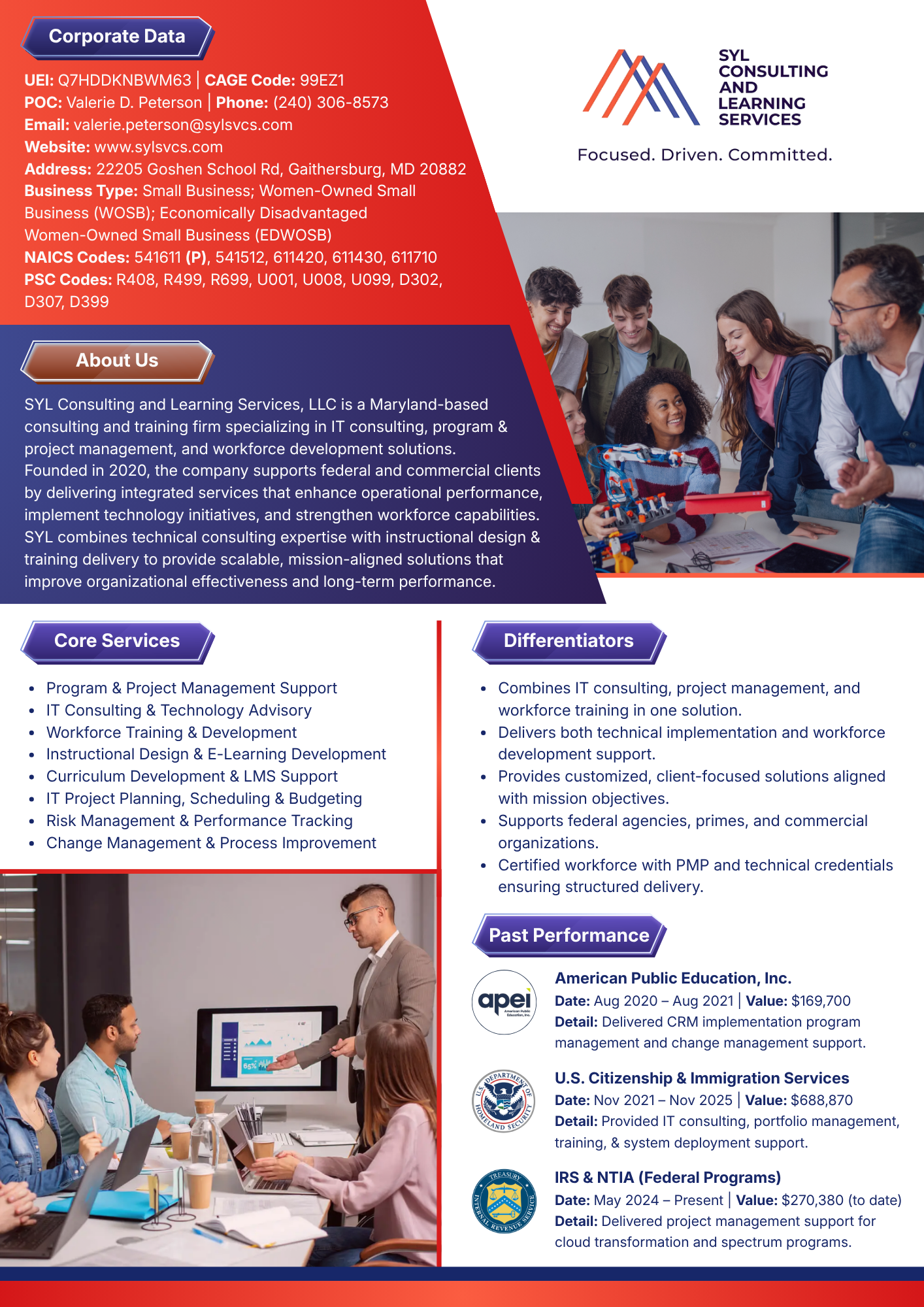 SYL Consulting and Learning Services capability statement — one-page summary of corporate data, services, differentiators, and past performance.